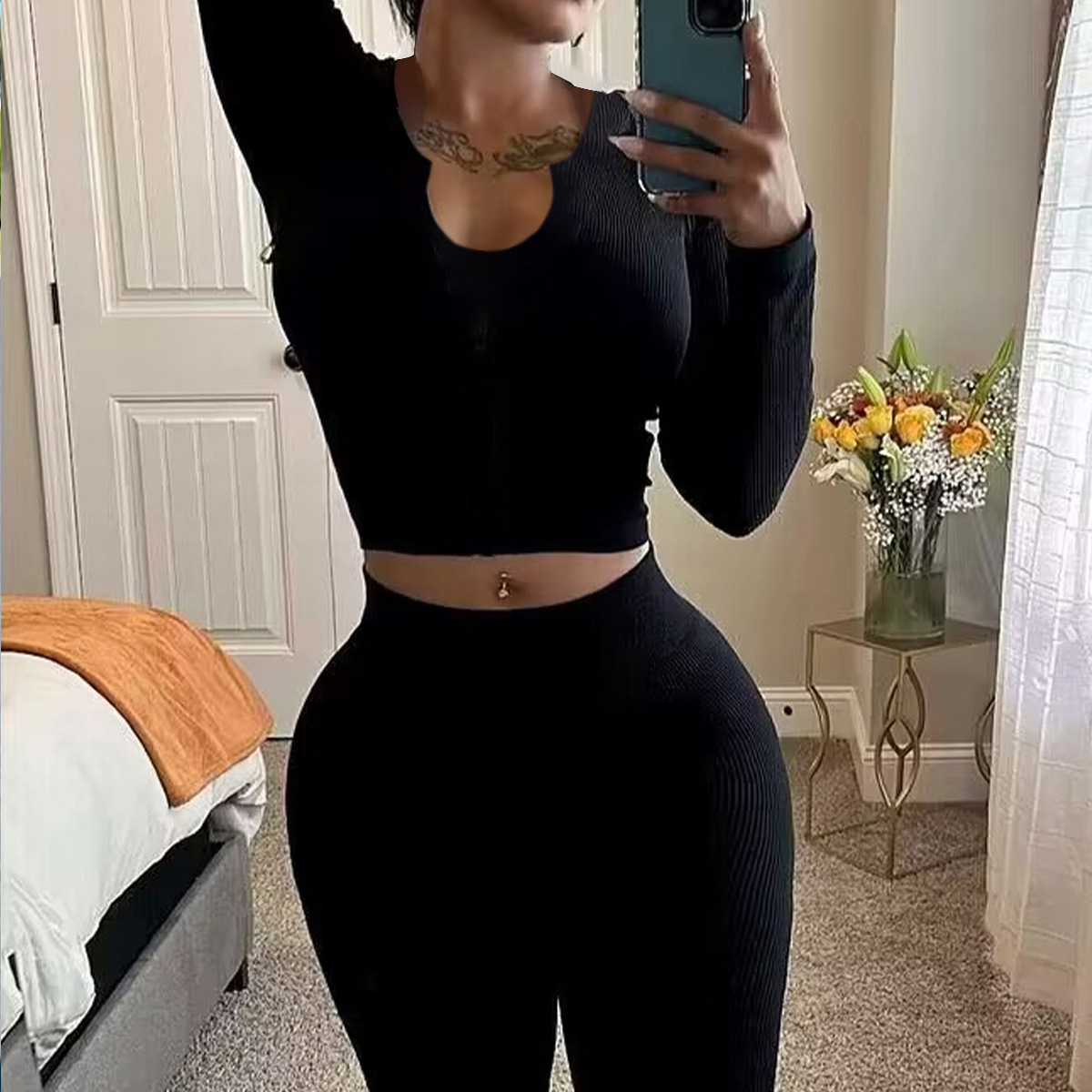 Women Autumn/Winter Solid Ribbed U-Neck Sporty Long-Sleeve Top and Pants Set