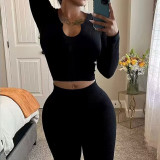 Women Autumn/Winter Solid Ribbed U-Neck Sporty Long-Sleeve Top and Pants Set