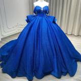 Women's Blue Chiffon Off-Shoulder Fashion Train Beaded A-line Gown Formal Party Evening Dress（Processing time need 3-6 days）