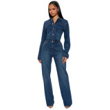 Women's Stretch Flared Bell Bottom Washed Denim Long Sleeve Jumpsuit