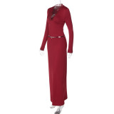 Women Winter Solid Long-Sleeve Lace V-Neck Top and Skirt Two-Piece Set