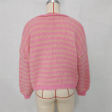 Women's Fashion Color Block Striped Knit V-Neck Casual Sweater