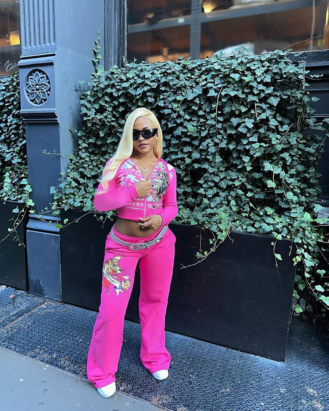 Women's Street Print Zip-Front Short Hoodies High Waist Straight Leg Pants Two-Piece Set