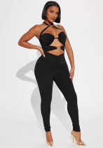 Women's Sexy Cut-Out Metal Patchwork Halter Neck Tight Slim Jumpsuit