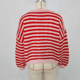 Women's Fashion Color Block Striped Knit V-Neck Casual Sweater