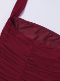 Women's Sexy Low Back High Slit Pleated Slim Mesh Halter Neck Lace-Up Bodycon Long Dress