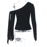 Women's Autumn Sexy Slash Shoulder Long Sleeve Solid Color T-Shirt