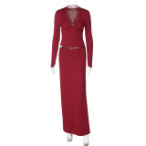 Women Winter Solid Long-Sleeve Lace V-Neck Top and Skirt Two-Piece Set