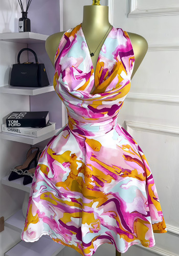 Women's Autumn Sleeveless Draped Neck Slim Waist Lace-Up Chic Print Short Dress