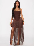 Women Autumn Sexy Strapless Halter Neck Tassel Maxi Dress