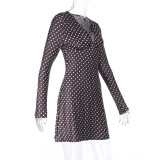 Women's Autumn Winter Chic V-Neck Polka Dot Long Sleeve Slim Waist Short Dress