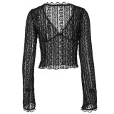 Women's Summer Long Sleeve Lace Trim Sexy V-Neck Slim Top