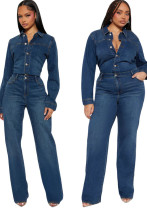 Women's Stretch Flared Bell Bottom Washed Denim Long Sleeve Jumpsuit