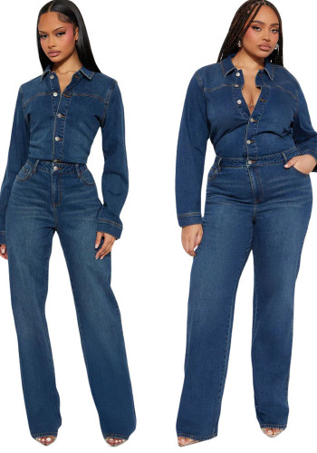 Women's Stretch Flared Bell Bottom Washed Denim Long Sleeve Jumpsuit
