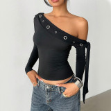 Women's Autumn Sexy Slash Shoulder Long Sleeve Solid Color T-Shirt