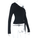 Women's Autumn Sexy Slash Shoulder Long Sleeve Solid Color T-Shirt