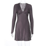 Women's Autumn Winter Chic V-Neck Polka Dot Long Sleeve Slim Waist Short Dress