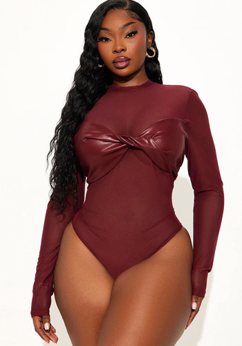 Women Autumn Solid Sexy Mesh Pu-Leather Long-Sleeved Bodysuit