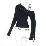 Women's Autumn Sexy Slash Shoulder Long Sleeve Solid Color T-Shirt