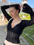 Women's Summer Long Sleeve Lace Trim Sexy V-Neck Slim Top
