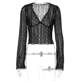 Women's Summer Long Sleeve Lace Trim Sexy V-Neck Slim Top