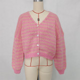 Women's Fashion Color Block Striped Knit V-Neck Casual Sweater
