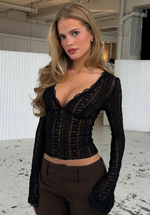 Women's Summer Long Sleeve Lace Trim Sexy V-Neck Slim Top
