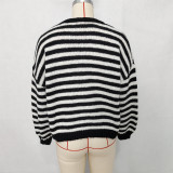 Women's Fashion Color Block Striped Knit V-Neck Casual Sweater