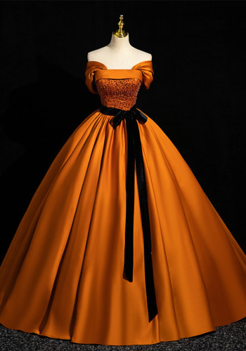 Women's Orange Satin Off-Shoulder Tutu Gown Formal Party Evening Dress（Processing time need 3-6 days）