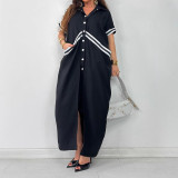 Plus Size Women Turndown Collar Button-Up Long and Short Sleeve Dress