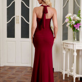 Women's Sexy Low Back High Slit Pleated Slim Mesh Halter Neck Lace-Up Bodycon Long Dress