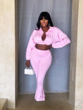 Women Casual Solid Sports Top and Pant Two-Piece Set