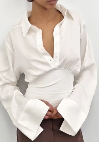 Women Spring/Autumn French Polo Collar Shirt Sleeve Patchwork Solid Top