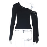 Women's Autumn Sexy Slash Shoulder Long Sleeve Solid Color T-Shirt