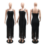 Women Sexy Slash Fringe Beaded Bodycon Dress