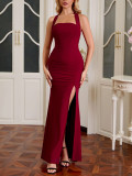 Women's Sexy Low Back High Slit Pleated Slim Mesh Halter Neck Lace-Up Bodycon Long Dress