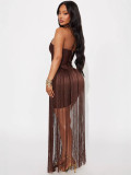Women Autumn Sexy Strapless Halter Neck Tassel Maxi Dress