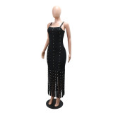 Women Sexy Slash Fringe Beaded Bodycon Dress