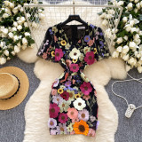 Women Summer French V-Neck Lantern Sleeve Embroidered Mesh Puff Sleeve Dress
