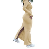 Women's Fashion Solid Color Hooded Slit Skirt Two-Piece Set