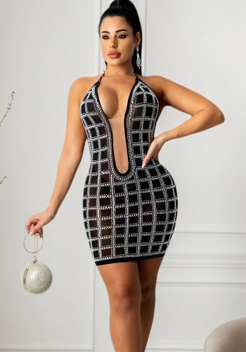 Women's Sexy Sleeveless Halter Neck Mesh See-Through Embroidered Short Dress