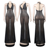 Women's Fashion Embroidered Halter Neck Deep V-Neck Long Gown