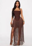 Women Autumn Sexy Strapless Halter Neck Tassel Maxi Dress