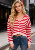 Women's Fashion Color Block Striped Knit V-Neck Casual Sweater