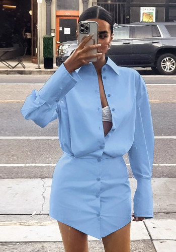 Women's Career Blue Loose Fit Turndown Collar Shirt Dress