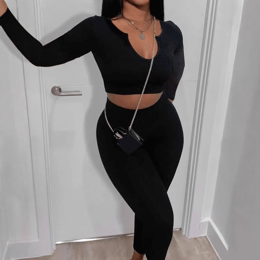 Women Autumn/Winter Solid Ribbed U-Neck Sporty Long-Sleeve Top and Pants Set