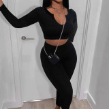 Women Autumn/Winter Solid Ribbed U-Neck Sporty Long-Sleeve Top and Pants Set