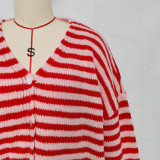 Women's Fashion Color Block Striped Knit V-Neck Casual Sweater