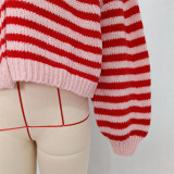 Women's Fashion Color Block Striped Knit V-Neck Casual Sweater