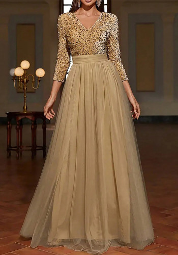 Women's Formal Party Evening Dress Gold Sequin Mesh Patchwork V-Neck Long Gown